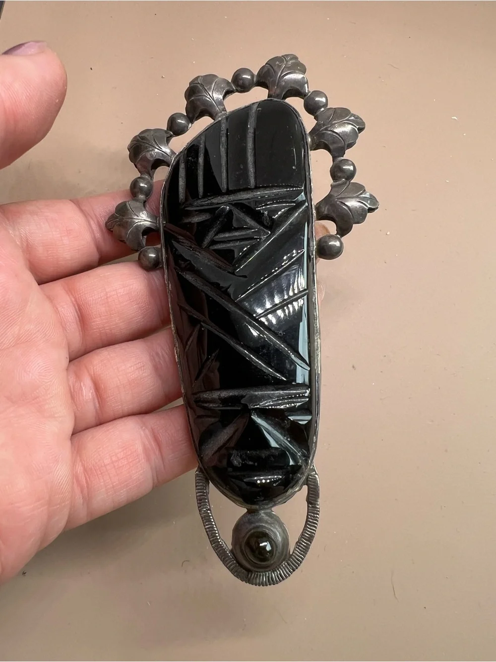 VTG mid-century Mexican sterling silver hand-carved black onyx or obsidian pin